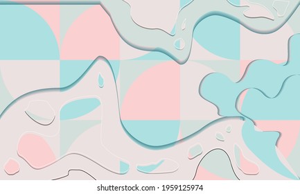 Abstract liquid background with geometric combination of shapes in pastel color