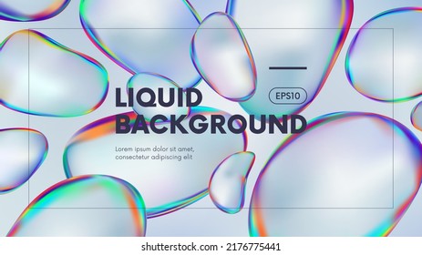 Abstract liquid background with iridescent holographic gradient colorful round shapes, fluid splash rainbow gasoline spill bubble, trendy vector illustration
