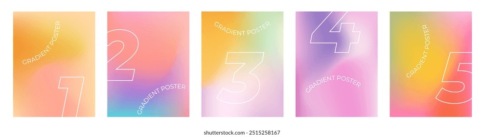 Abstract liquid background layout set. Bright color blend covers. Blurred fluid effect. Gradient mesh poster art