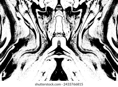 Fondo líquido abstracto. Textura simétrica monocromática con cara de personaje ficticio. Textura de mármol abstracto en blanco y negro como fondo grunge.