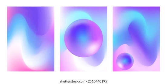 Abstract liquid background set. Blurry fluid multicolor gradients. Modern wavy backdrops. Mix of purple, pink, blue colors. Template for website, poster, banner, brochure, flyer, cover, brand book.