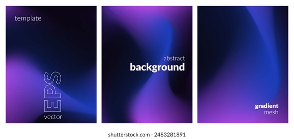 Abstract liquid background set. Gradient mesh. Effect dark color blend. Blurred fluid colorful mix. Modern design template for web covers, ad banners, posters, brochures, flyers. Vector image EPS