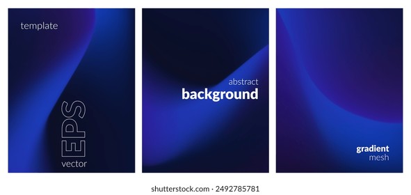 Abstract liquid background set. Gradient mesh. Effect dark blue color blend. Blurred fluid colorful mix. Modern design template for web covers, ad banners, posters, brochures, flyers. Vector image EPS