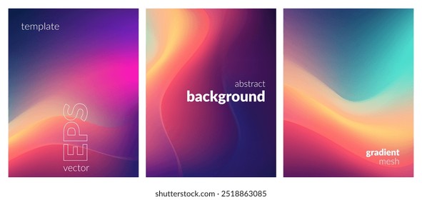 Abstract liquid background set. Gradient mesh. Effect bright color blend. Blurred fluid colorful mix. Modern design template for web covers, ad banners, posters, brochures, flyers. Vector image EPS