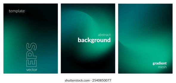 Abstract liquid background set. Gradient mesh. Effect blend dark green color. Blurred fluid colorful mix. Modern design template for web cover, header, ad banner, poster, brochure, flyer. Vector image