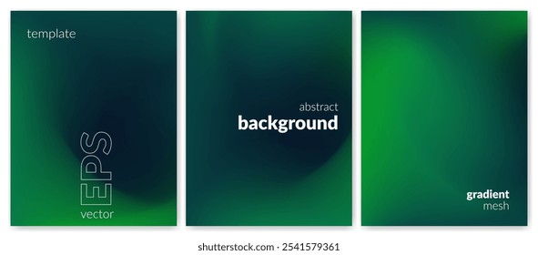 Abstract liquid background set. Gradient mesh. Effect blend dark green color. Blurred fluid colorful mix. Modern design template for web cover, header, ad banner, poster, brochure, flyer. Vector image