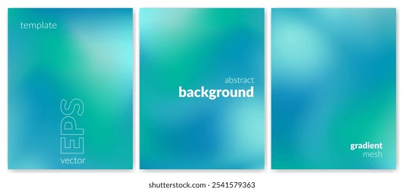 Abstract liquid background set. Gradient mesh. Effect blend blue green color. Blurred fluid colorful mix. Modern design template for web cover, header, ad banner, poster, brochure, flyer. Vector image