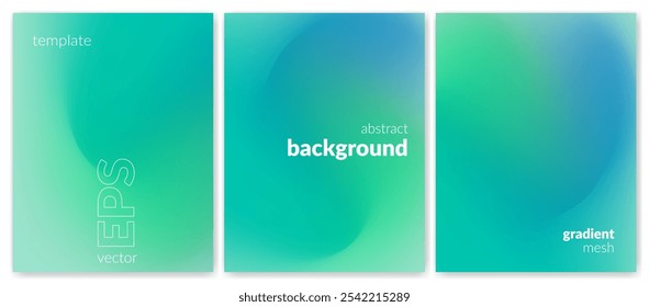 Abstract liquid background set. Gradient mesh. Effect blend green blue color. Blurred fluid colorful mix. Modern design template for web cover, header, ad banner, poster, brochure, flyer. Vector image