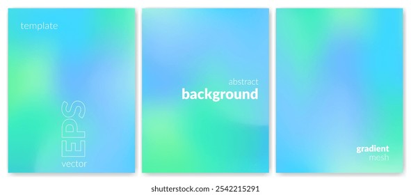 Abstract liquid background set. Gradient mesh. Effect blend blue green color. Blurred fluid colorful mix. Modern design template for web cover, header, ad banner, poster, brochure, flyer. Vector image