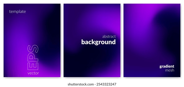 Abstract liquid background set. Gradient mesh. Effect blend purple color. Blurred fluid colorful mix. Modern design template for web cover, header, ad banner, poster, brochure, flyer. Vector image