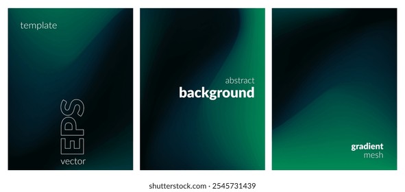 Abstract liquid background set. Gradient mesh. Effect blend dark green color. Blurred fluid colorful mix. Modern design template for web cover, header, ad banner, poster, brochure, flyer. Vector image