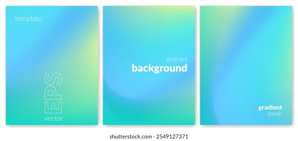 Abstract liquid background set. Gradient mesh. Effect blend green blue color. Blurred fluid colorful mix. Modern design template for web cover, header, ad banner, poster, brochure, flyer. Vector image