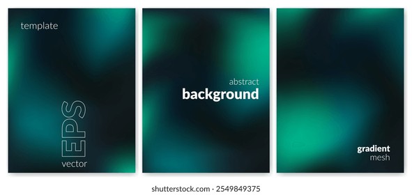 Abstract liquid background set. Gradient mesh. Effect blend emerald color. Blurred fluid colorful mix. Modern design template for web cover, header, ad banner, poster, brochure, flyer. Vector image