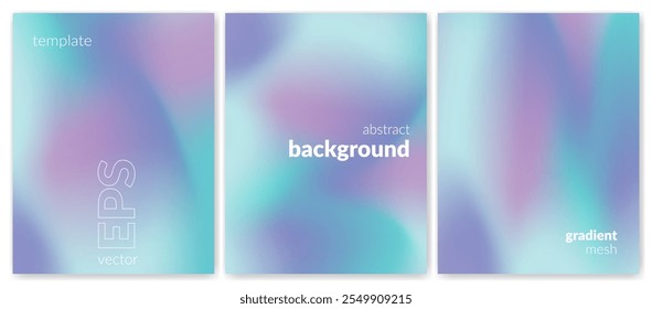 Abstract liquid background set. Gradient mesh. Effect blend pale blue color. Blurred fluid colorful mix. Modern design template for web cover, header, ad banner, poster, brochure, flyer. Vector image