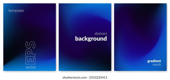 Abstract liquid background set. Gradient mesh. Effect blend dark blue color. Blurred fluid colorful mix. Modern design template for web cover, header, ad banner, poster, brochure, flyer. Vector image