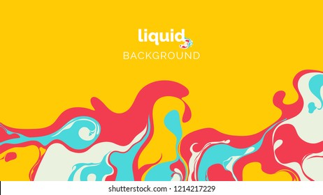 Abstract liquid background, in warm red, blue and light green ink on yellow