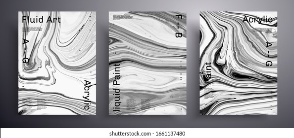 Abstract liquid banner, fluid art vector texture set. Trendy background that applicable for design cover, invitation, presentation and etc. Grey, black and white unusual creative surface template