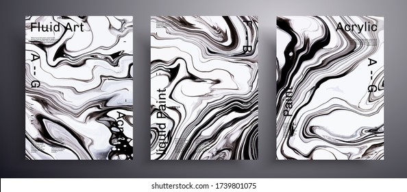 Abstract liquid banner, fluid art vector texture set. Artistic background that can be used for design cover, invitation, presentation and etc. Black and white unusual creative surface template