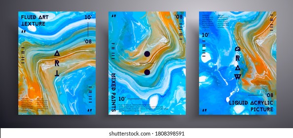 Abstract liquid banner, fluid art vector texture pack.Artistic background that applicable for design cover, poster, brochure and etc. Blue, white and orange universal trendy painting backdrop.