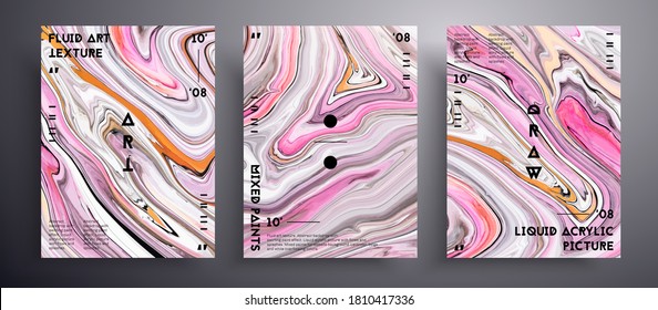 Abstract liquid banner, fluid art vector texture pack.Artistic background that can be used for design cover, poster, brochure and etc. Pink, golden and white universal trendy painting backdrop.