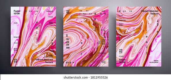 Abstract liquid banner, fluid art vector texture set. Artistic background that applicable for design cover, invitation, flyer and etc. Pink, golden and white universal trendy painting backdrop.