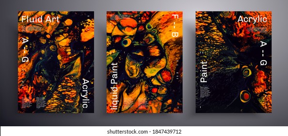 Pancarta líquida abstracta, paquete de textura vectorial de arte fluido.Fondo de moda que se puede usar para la cubierta de diseño, invitación, volante, etc. Arte iridiscente creativo de color naranja, verde y negro.