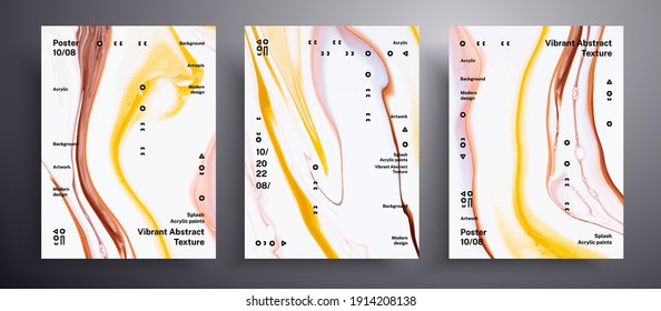 Abstract liquid banner, fluid art vector texture pack.Trendy background that can be used for design cover, poster, brochure and etc. Golden, brown and white unusual creative surface template.