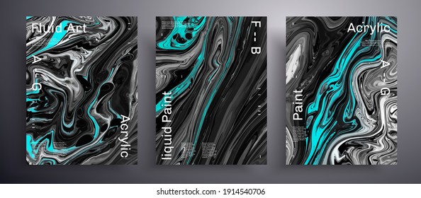 Abstract liquid banner, fluid art vector texture pack.Trendy background that can be used for design cover, invitation, presentation and etc. Black, white and aquamarine creative iridescent artwork.