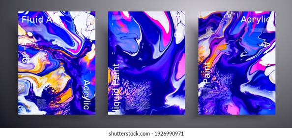 Abstract liquid banner, fluid art vector texture pack.Beautiful background that can be used for design cover, invitation, flyer and etc. Navy blue, yellow, pink and white creative iridescent artwork.