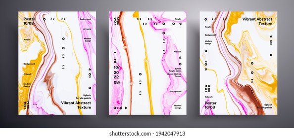 Abstract liquid banner, fluid art vector texture set. Beautiful background that can be used for design cover, poster, brochure and etc. Pink, yellow and white creative iridescent artwork.