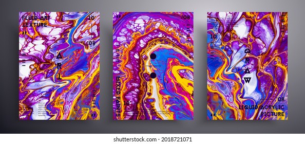 Abstract liquid banner, fluid art vector texture set. Beautiful background that applicable for design cover, poster, brochure and etc. Purple, pink, yellow and white creative iridescent artwork.