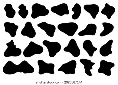 Abstract liquid black organic blob shape silhouettes. Simple ink splat, spot and stain. Pebble stone forms. Random fluid inkblots vector set. Illustration of blob silhouette irregular