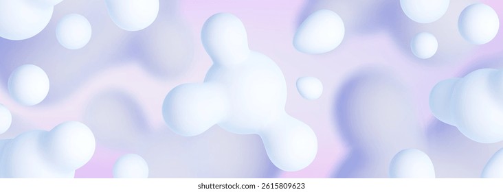 Bolhas líquidas abstratas sobre fundo azul claro. Ilustração realista vetorial de bolhas de fluido 3D, bolas moleculares flutuando em substância química, metabólitos brancos, modelo de apresentação científica