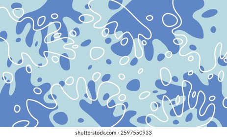 Abstract liquid blobs and organic shapes on blue monochrome background. Trendy pattern in doodle style. Minimalist design with basic shapes and curve lines.