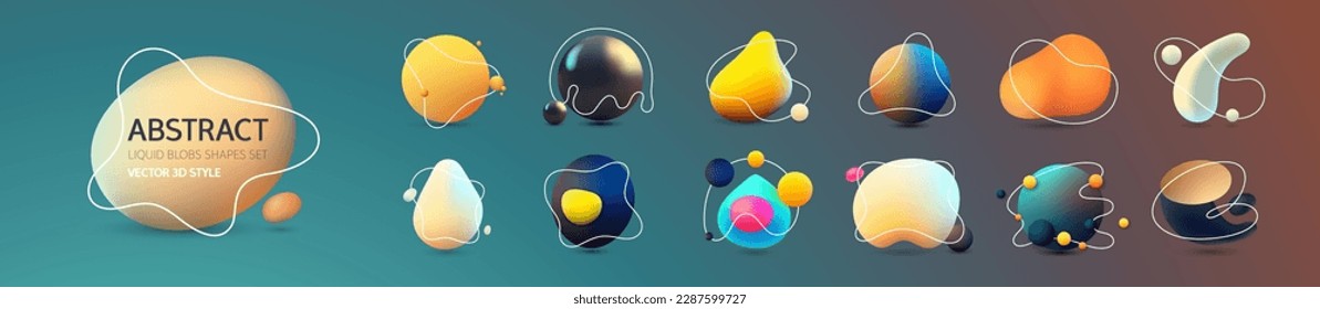 Resumen Las Formas De Blobs Líquidos Establecidas. Colección de elementos de diseño de estilo vector 3D. La pintura flotante brillante realista cae con gradiente.