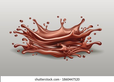 Abstract liquid of brown hot coffee or chocolate on gray background. Vector splash wave motion brown drink with droplets