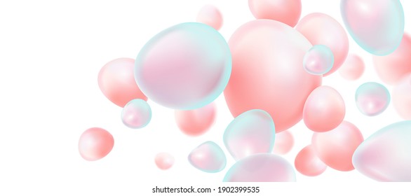 Abstract liquid bubbles color flying in the middle on white background. Realistic vector in 3d illustration.