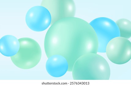 Abstract liquid bubbles color flying in the middle on solid color background. Realistic vector in 3d illustration.