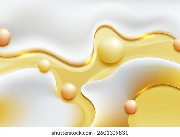 abstract liquid design featuring white and yellow swirls, soft organic textures, and scattered yellow spheres. modern, creative backgrounds with a vibrant and elegant aesthetic