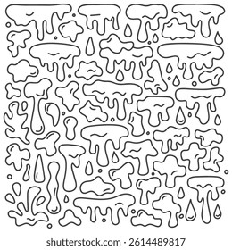 Abstract liquid drop doodles with drips, splashes, and melting shapes drawn in black on white background
