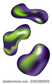 líquido abstracto, gotas, coágulo. Cuero metálico, volumen 3D. Ilustración vectorial, pegatina, conjunto. Color de la cal violeta, verde y ácido del metal, líquido