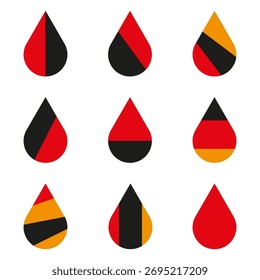 Gotas líquidas abstratas. Seis formas vermelhas pretas. Elementos de fluido gráfico. Símbolos de cores vetoriais. EPS 10.