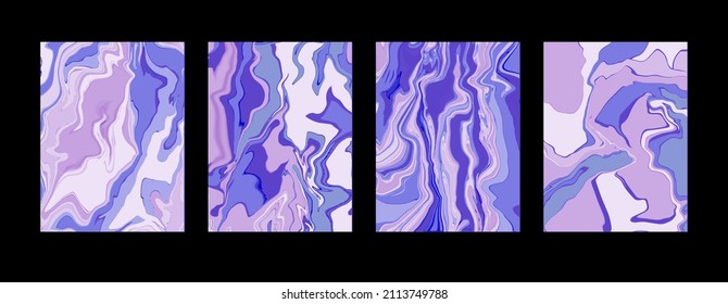 Abstract liquid fluid streaks drops poster set. Very peri color of the year 2022. Trendy lavander violet vector background