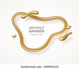 Abstract liquid form, gold glitter 3d frame. Vector illustration. Fluid line banner with flowing golden shapes isolated on white. Modern badge, metal wire label, luxury realistic border template