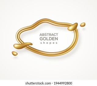 Abstract liquid form, gold glitter 3d frame. Vector illustration. Fluid line banner with flowing golden shapes isolated on white. Modern badge, metal wire label, luxury realistic border template