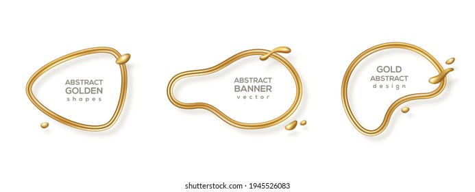 Abstract liquid forms set, gold glitter 3d frame. Vector illustration. Fluid organic banner with flowing golden shapes. Modern badge, metal wire label, luxury realistic border template