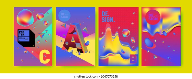 Abstract liquid and geometric colorful background poster and cover design. Blue, yellow, red, orange, pink and green. Vector alphabet poster template in Eps10.