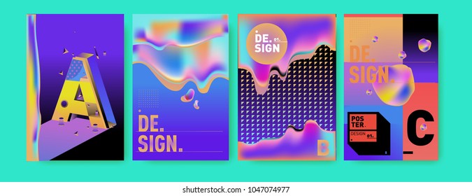 Abstract liquid and geometric colorful background poster and cover design. Blue, yellow, red, orange, pink and green. Vector alphabet poster template in Eps10.