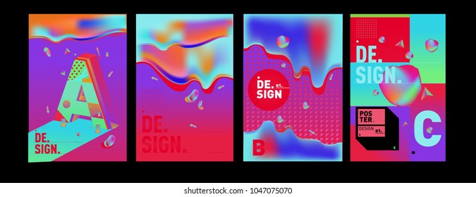 Abstract liquid and geometric colorful background poster and cover design. Blue, yellow, red, orange, pink and green. Vector alphabet poster template in Eps10.
