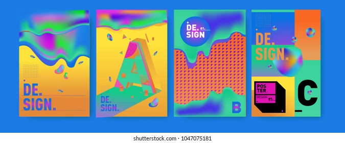 Abstract liquid and geometric colorful background poster and cover design. Blue, yellow, red, orange, pink and green. Vector alphabet poster template in Eps10.
